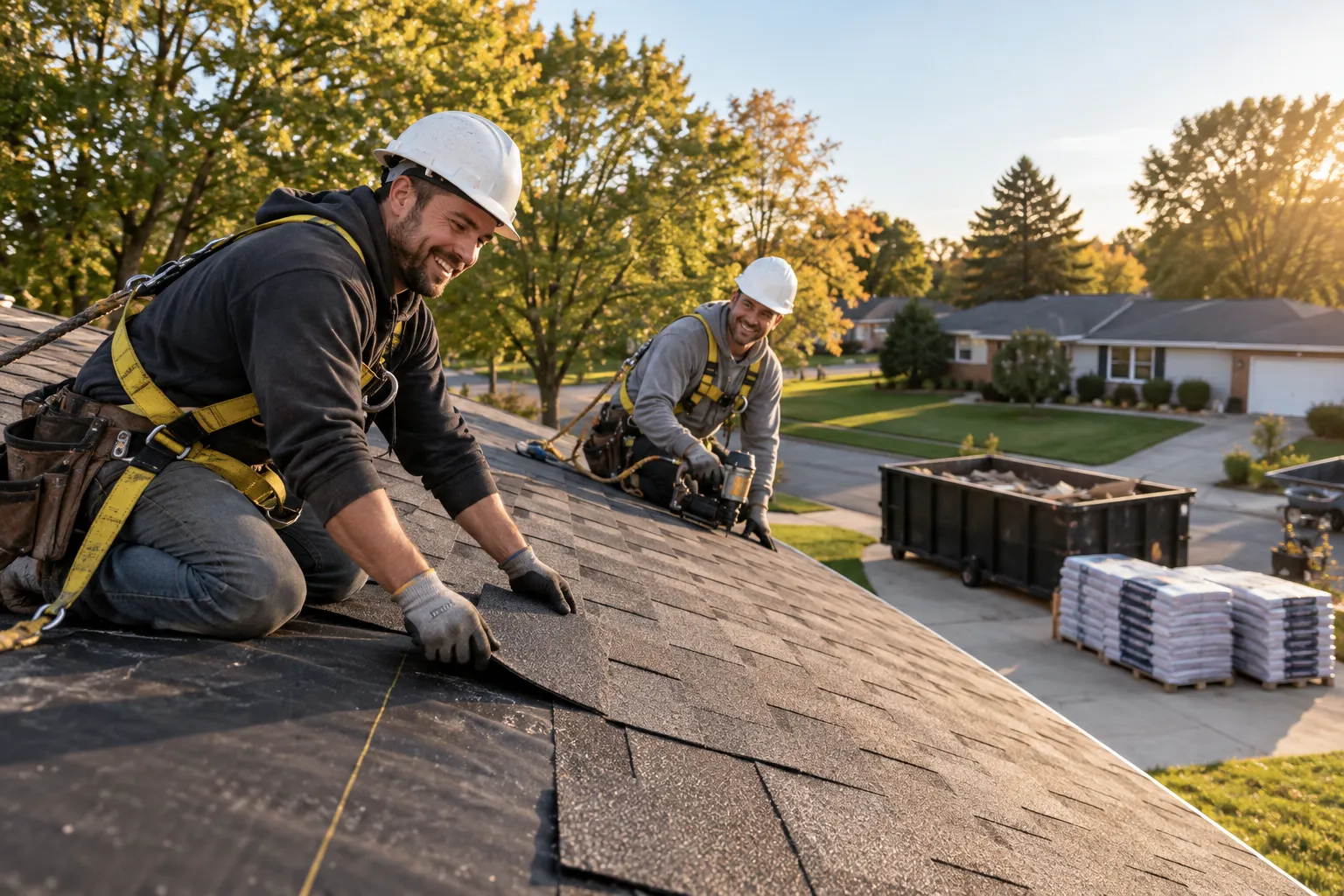 A crew of friendly roofing providers installing new shingles on a home in Kansas City