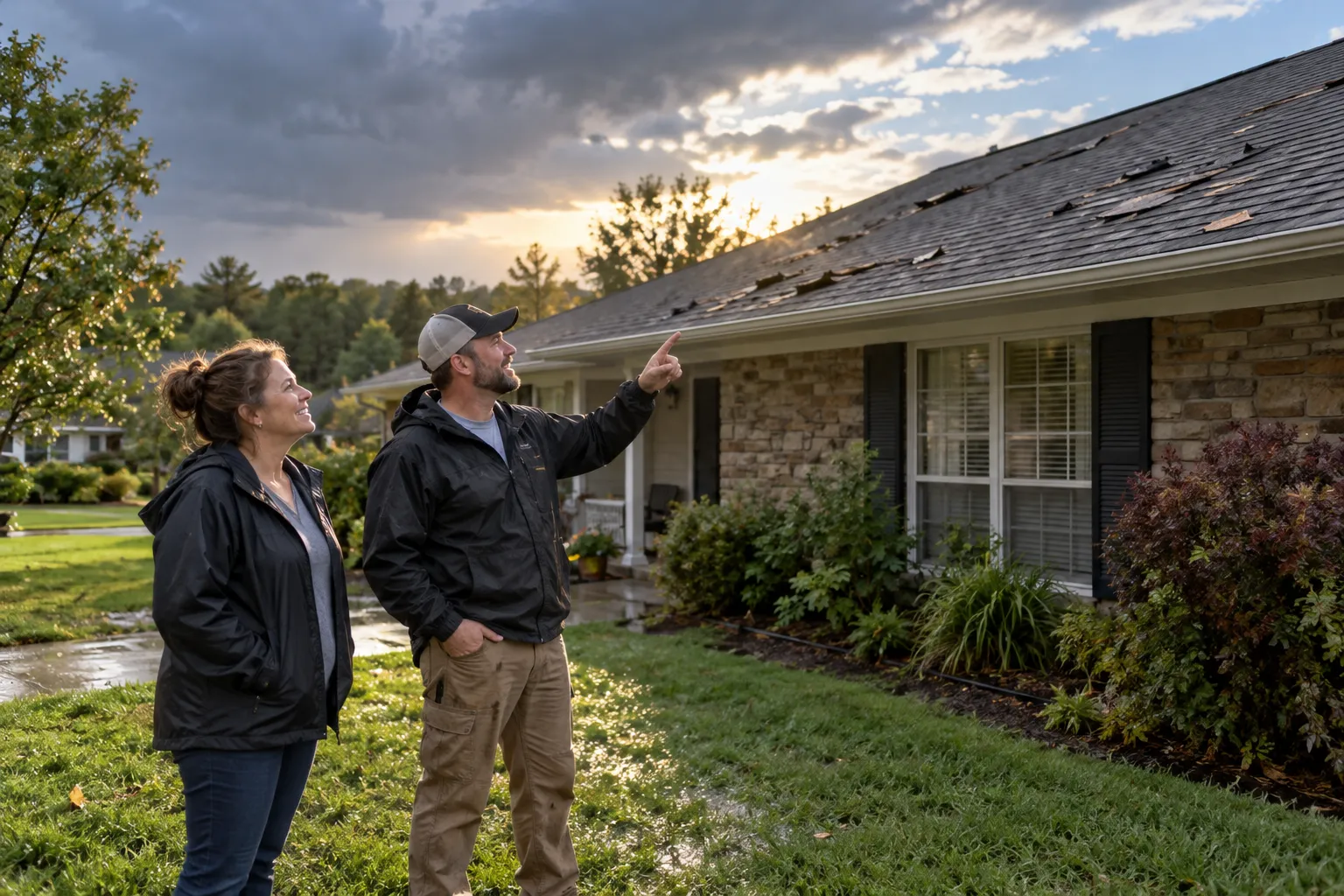 Homeowner and roofing provider checking hail-damaged shingles on a house in Kansas City after a storm